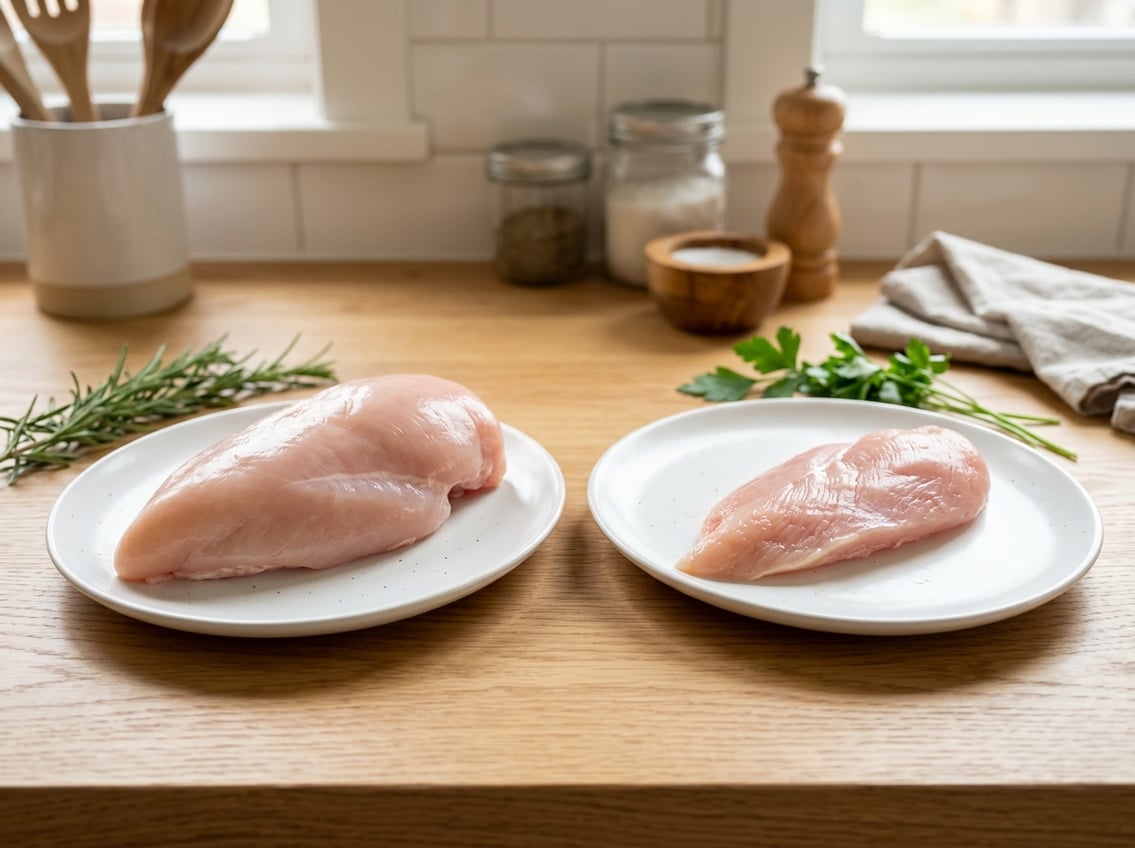 Two raw chicken breast cuts side by side on white plates on a kitchen countertop with fresh herbs nearby.