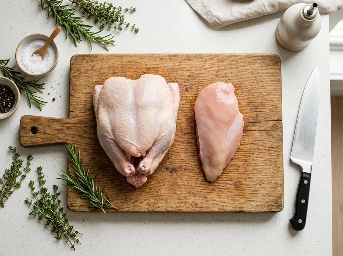 Top-down view of a wooden cutting board with a whole chicken breast and a half chicken breast side by side, surrounded by fresh herbs and a chef's knife on a kitchen countertop.