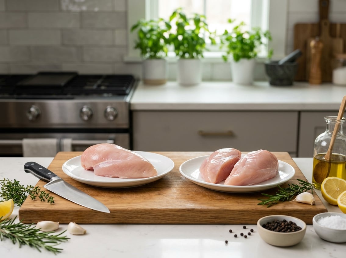 Two plates on a kitchen counter showing a whole chicken breast and a chicken breast half with fresh herbs, garlic, lemon, and kitchen tools nearby.