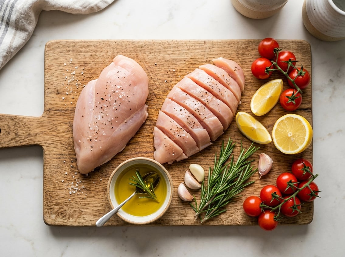 Top-down view of a wooden cutting board with a whole chicken breast and a half chicken breast surrounded by fresh cooking ingredients on a kitchen countertop.