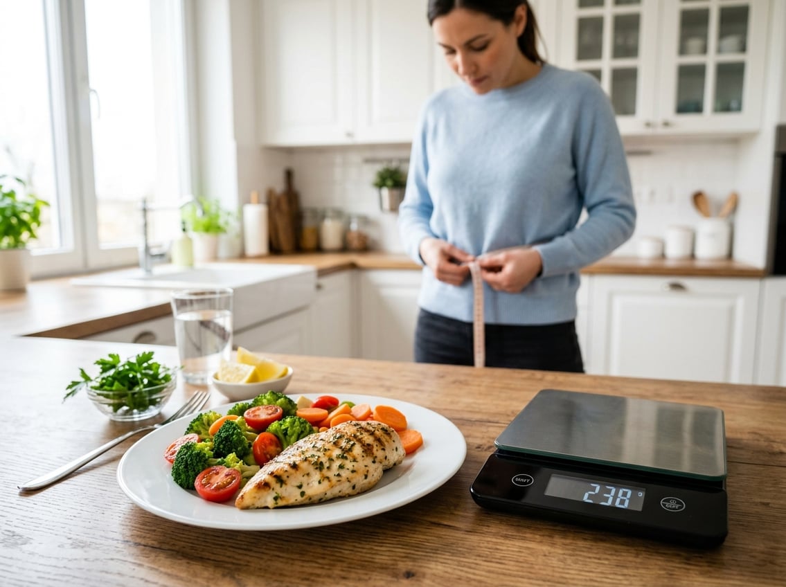 A cooked chicken breast on a plate with vegetables and a person measuring their waist in the background.