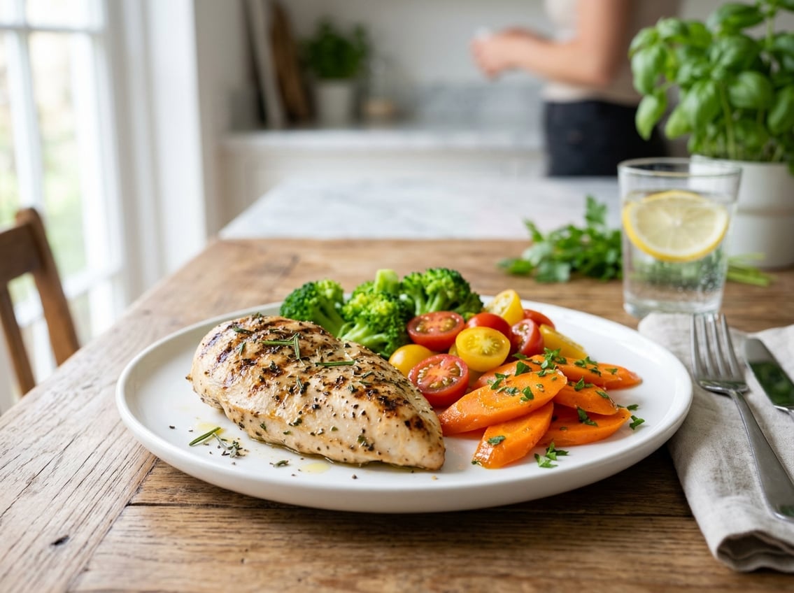 A plate with grilled chicken breast and fresh vegetables on a table in a bright kitchen.