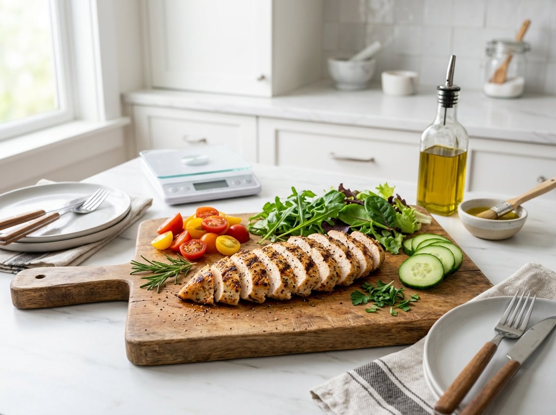 A kitchen scene with sliced grilled chicken breast on a cutting board surrounded by fresh vegetables and cooking tools.