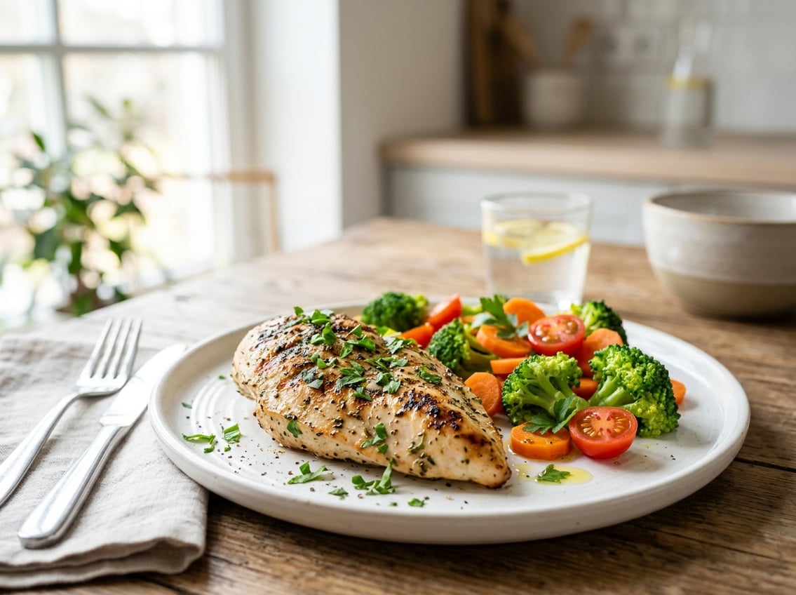 Grilled chicken breast with steamed vegetables on a white plate on a dining table.
