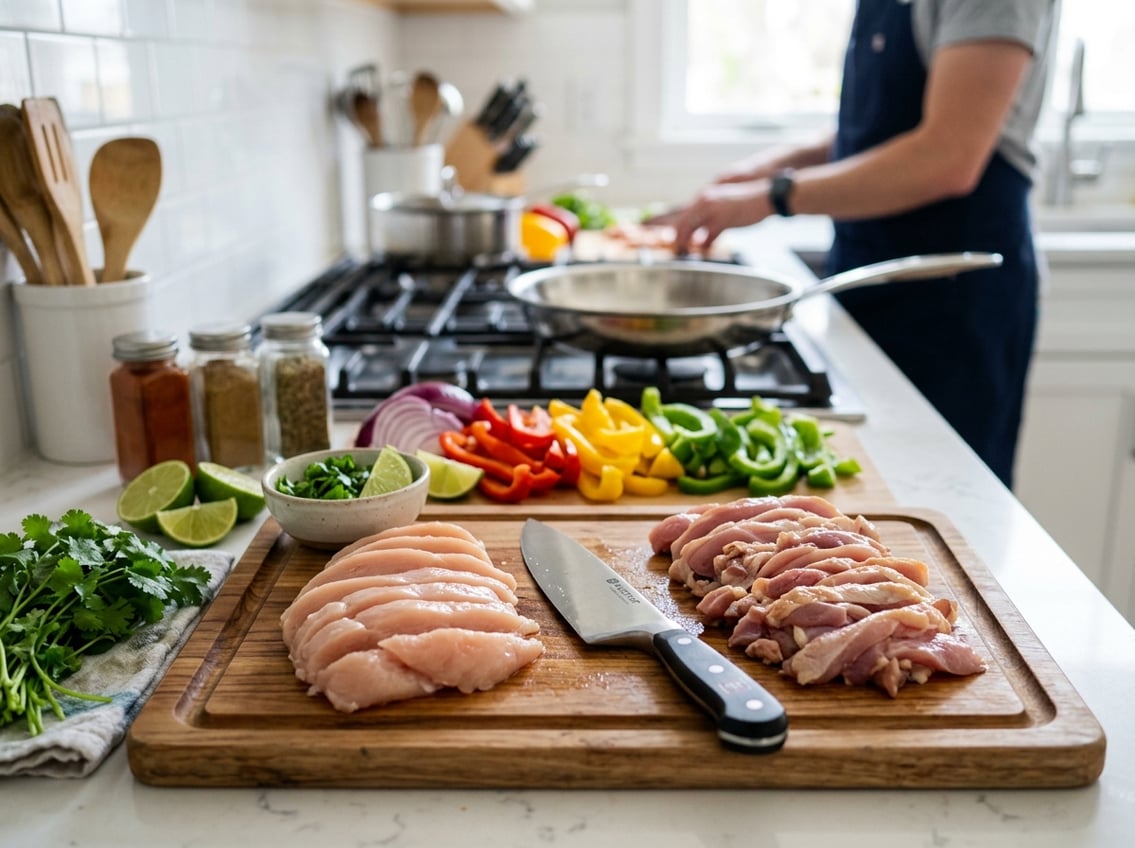 A kitchen scene with sliced chicken breast and thighs on a cutting board surrounded by fresh vegetables and cooking ingredients.