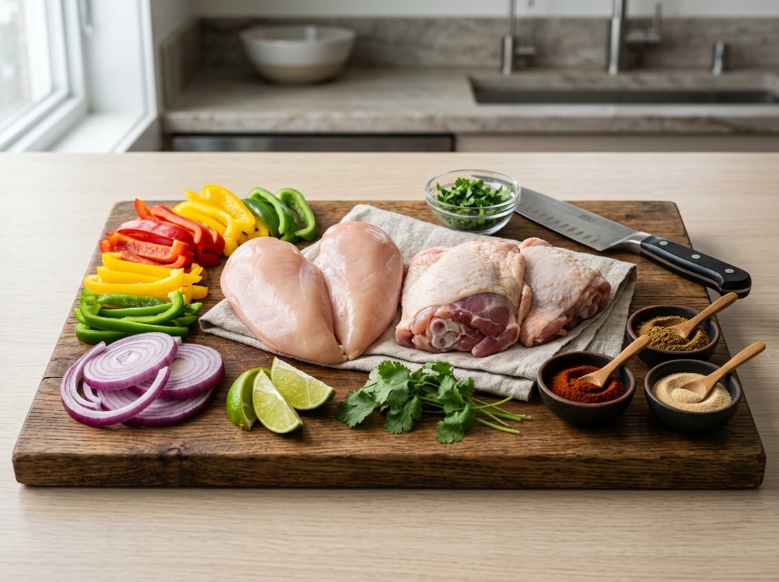 Raw chicken breast and thighs on a cutting board with sliced bell peppers, onions, lime wedges, and bowls of marinade and spices arranged around them.