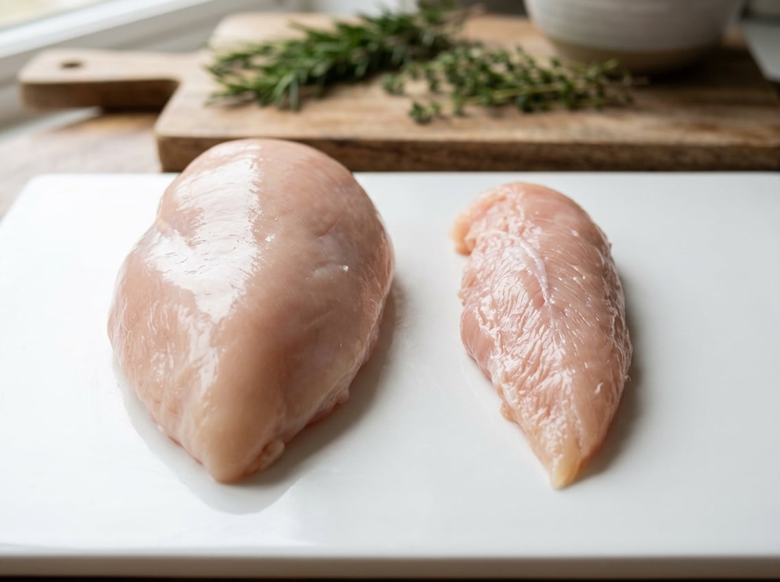 Close-up of two different raw chicken cuts, a chicken breast and a chicken tenderloin, placed side by side on a white surface.