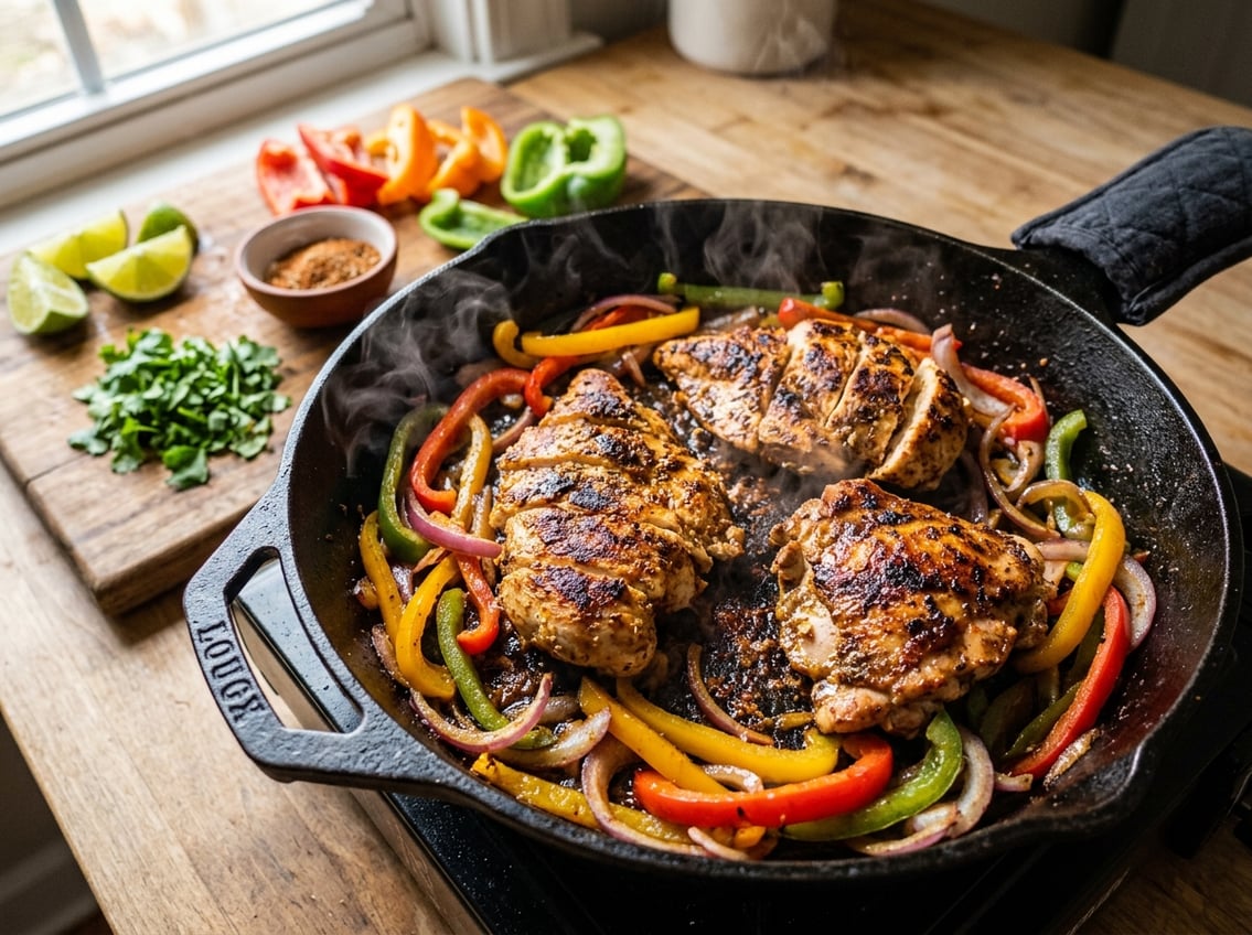 Close-up of chicken breasts and thighs cooking with bell peppers and onions in a hot skillet, surrounded by fresh ingredients on a wooden cutting board.