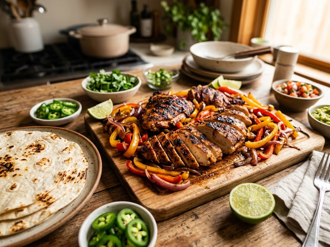 A spread of cooked chicken breast and thighs with sautéed bell peppers and onions, lime wedges, cilantro, jalapeños, and flour tortillas arranged for making fajitas.