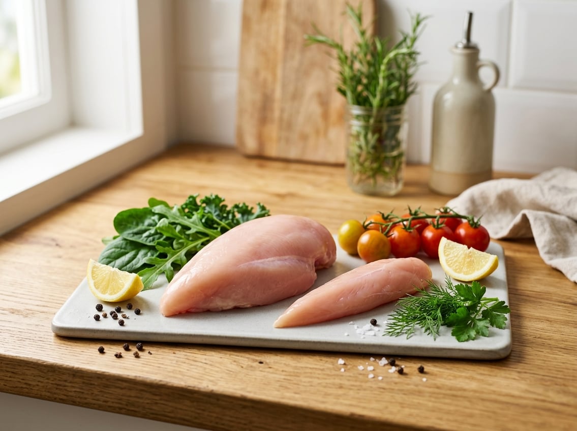 Two raw chicken cuts, a breast and a tenderloin, displayed on a kitchen countertop with fresh vegetables around them.