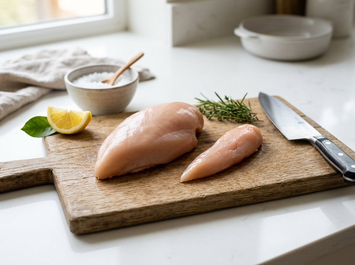 Raw chicken breast and tenderloin placed side by side on wooden cutting boards with fresh herbs and kitchen tools on a countertop.