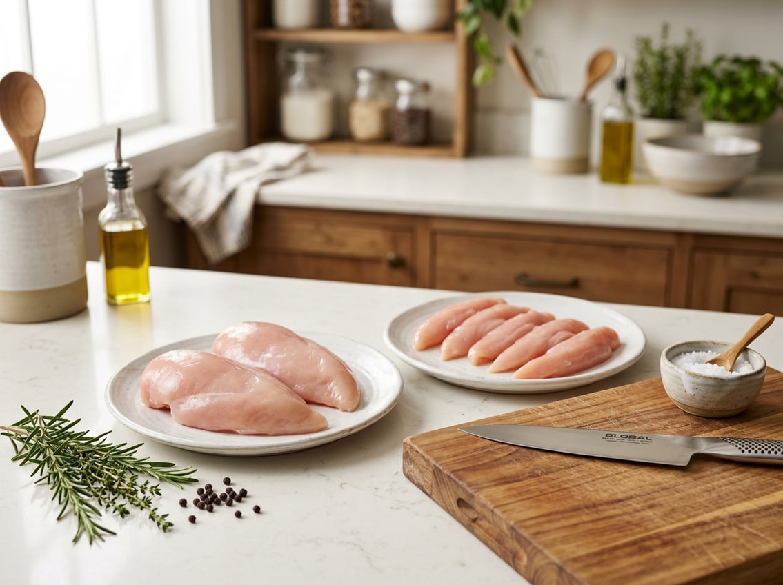 Raw chicken breast and tenderloin pieces displayed on plates with fresh herbs and kitchen tools on a countertop.