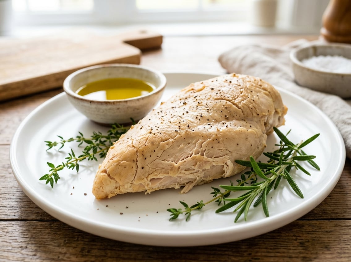 Close-up of a cooked chicken breast on a plate showing dryness, surrounded by fresh herbs and a small bowl of olive oil.