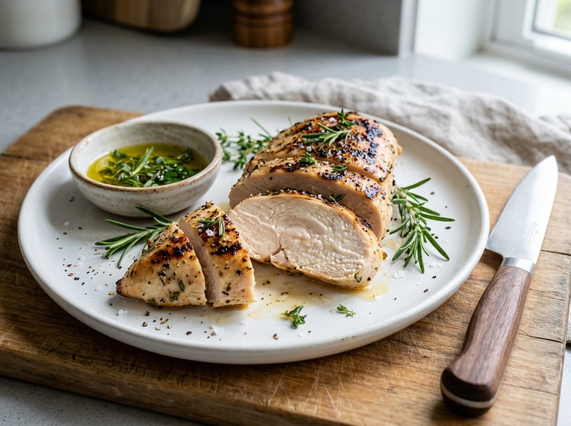 Close-up of a sliced, juicy chicken breast on a white plate with fresh herbs and a kitchen knife on a countertop.