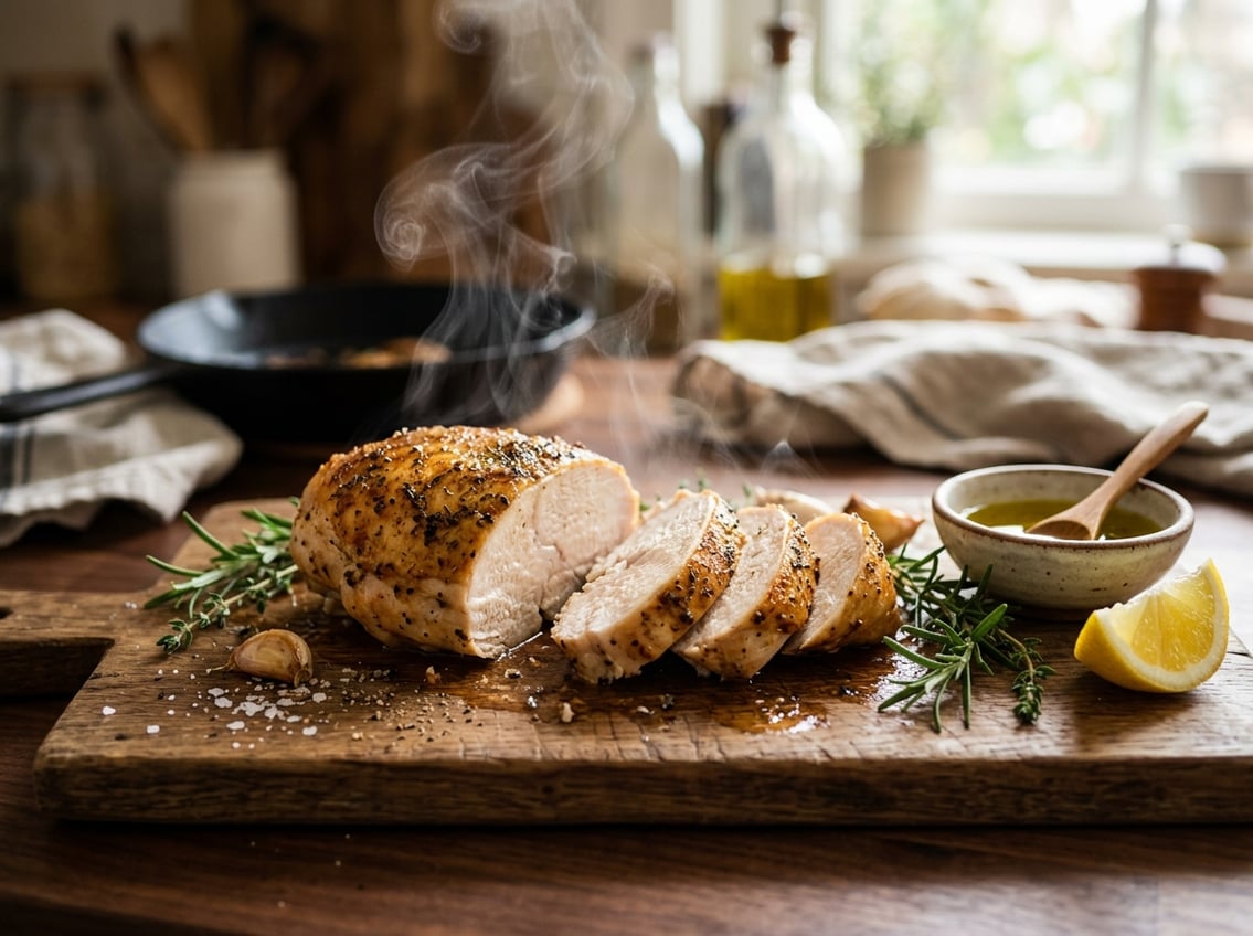 A sliced, juicy chicken breast on a wooden cutting board with fresh herbs and lemon wedges nearby.