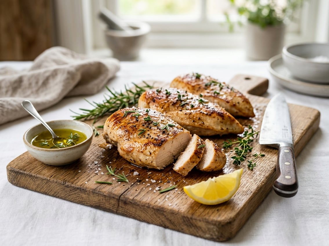 Close-up of juicy cooked chicken breasts on a wooden cutting board with fresh herbs and lemon wedge in a bright kitchen.