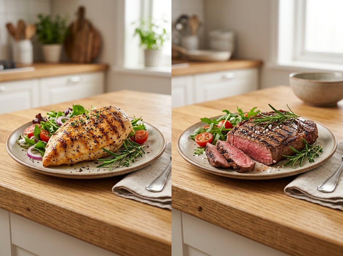 Two plates on a kitchen countertop, one with grilled chicken breast and the other with a cooked steak, surrounded by fresh herbs.