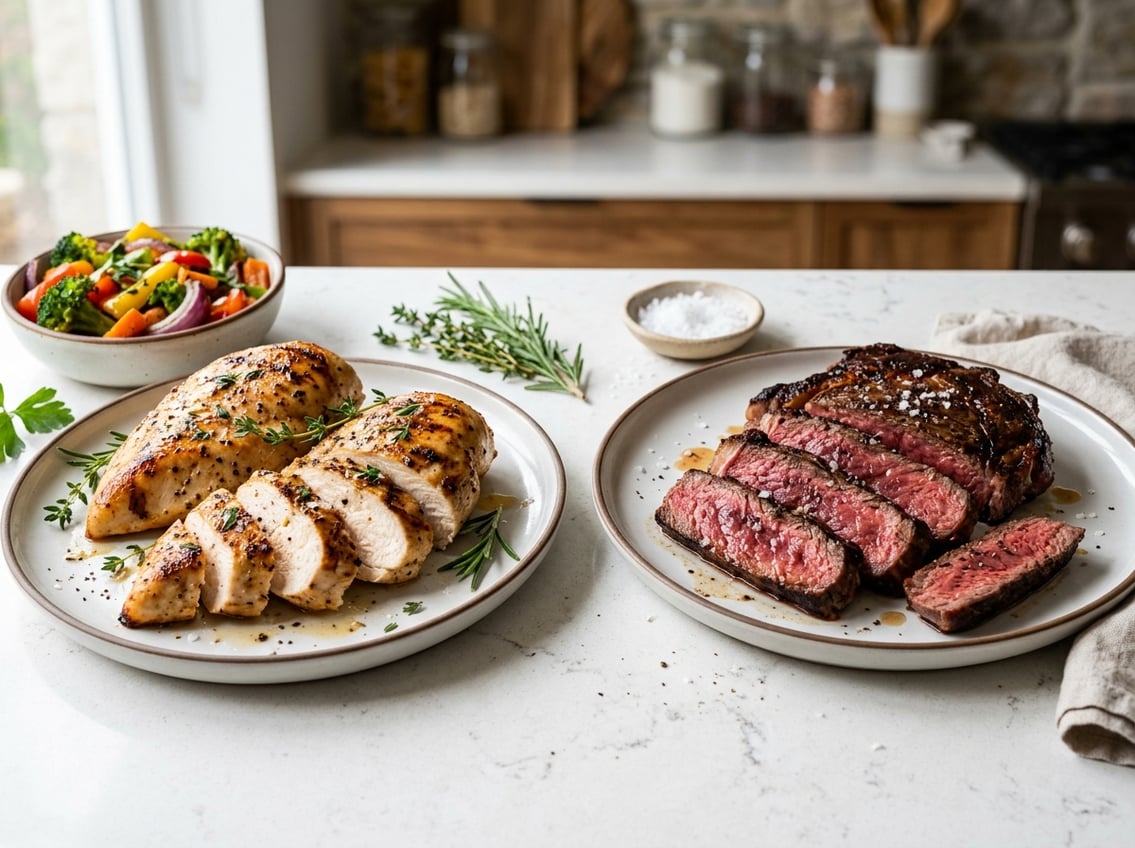 Two plates on a kitchen countertop, one with grilled chicken breasts and the other with sliced steak, surrounded by fresh herbs and vegetables.