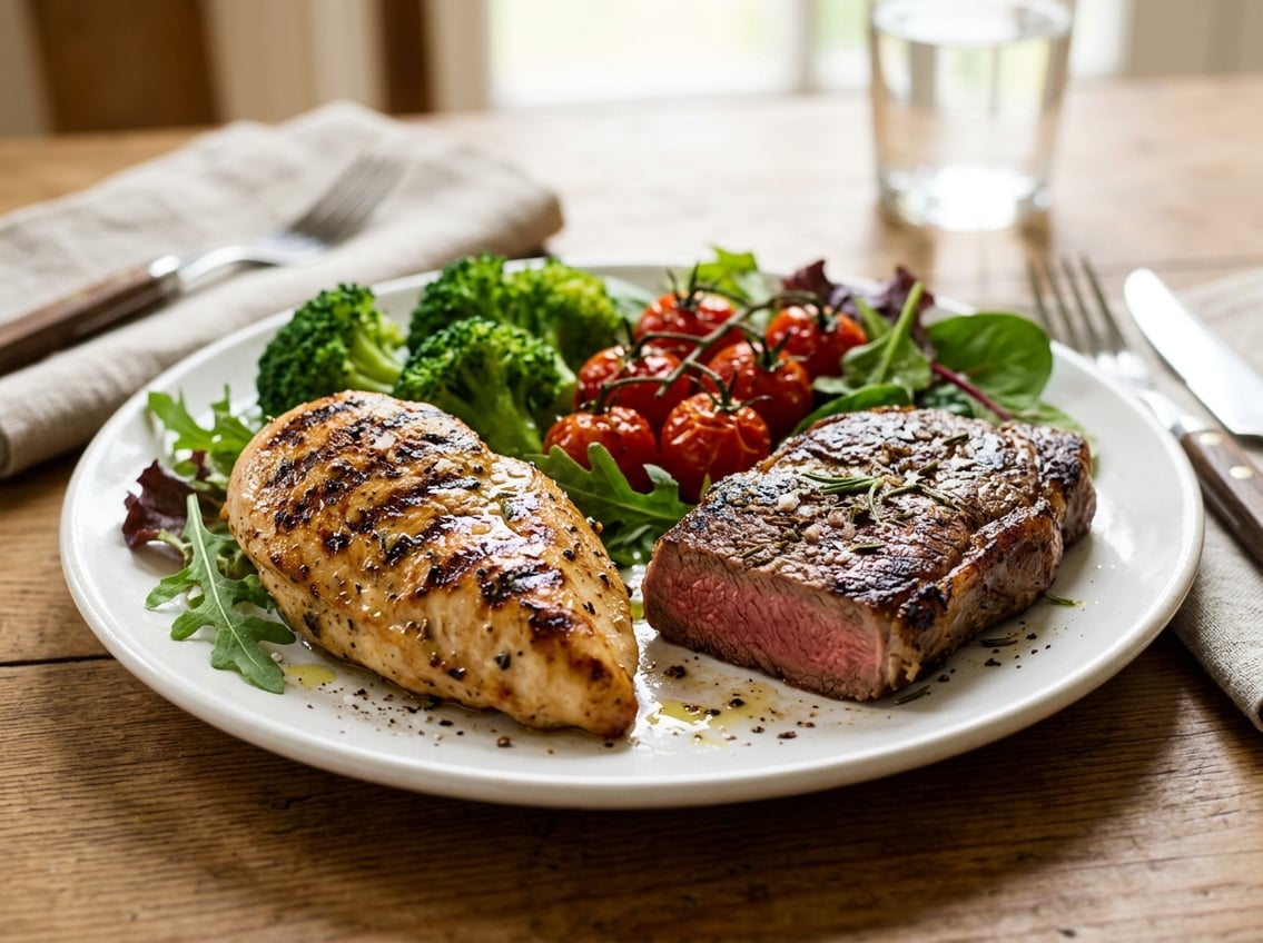 A plate with grilled chicken breast and steak served with fresh vegetables.