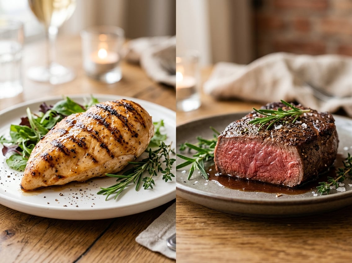 Two plates on a wooden table, one with grilled chicken breast and the other with a medium-rare steak, both garnished with fresh herbs.