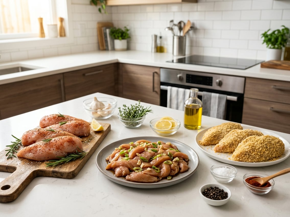 A kitchen countertop displaying raw chicken breasts prepared in different ways with fresh herbs, spices, and cooking ingredients.