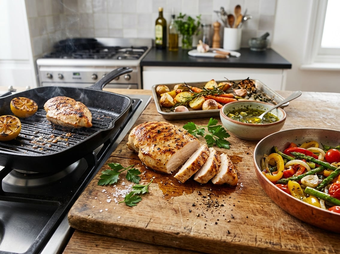 A cooked chicken breast on a cutting board surrounded by cooking tools and ingredients in a kitchen.