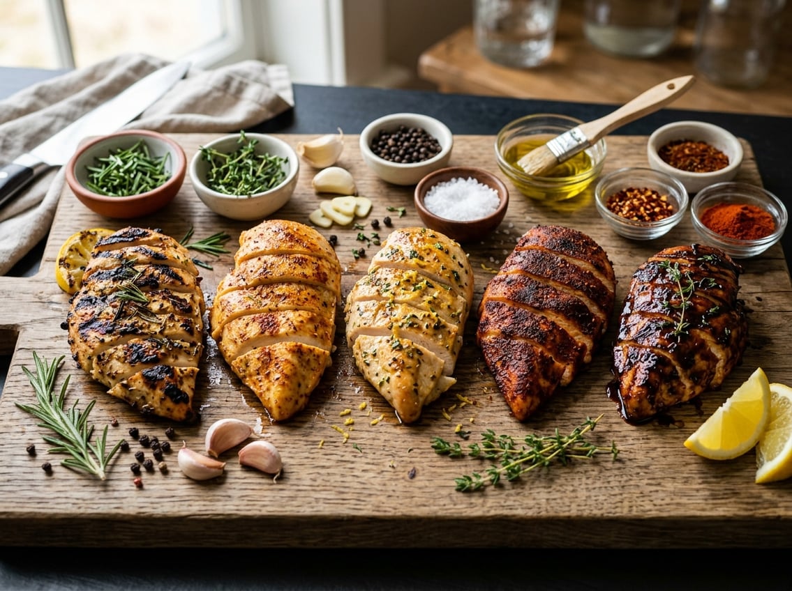 Various cooked chicken breasts prepared with different seasonings and marinades displayed on a wooden board with fresh herbs and spices around them.