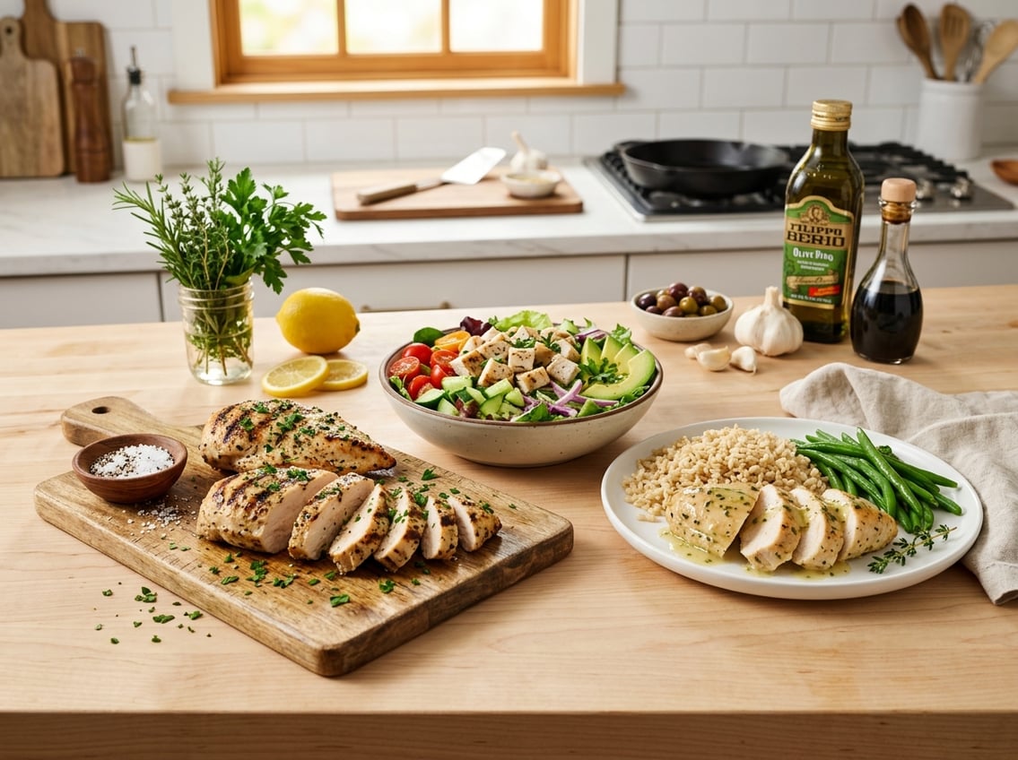 A kitchen countertop displaying several cooked chicken breast dishes prepared in different ways with fresh ingredients around.