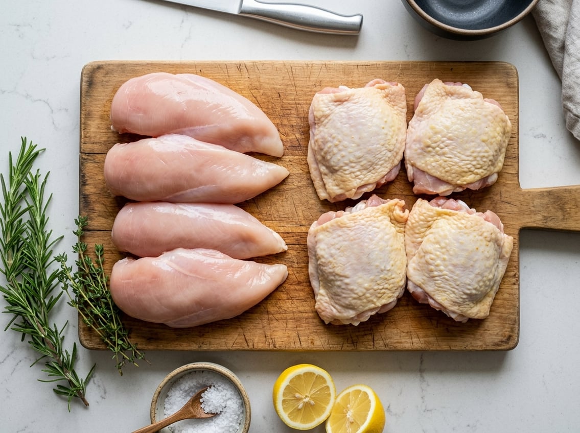 Top-down view of raw chicken breasts and chicken thighs on a wooden cutting board with fresh herbs and lemon on a kitchen countertop.