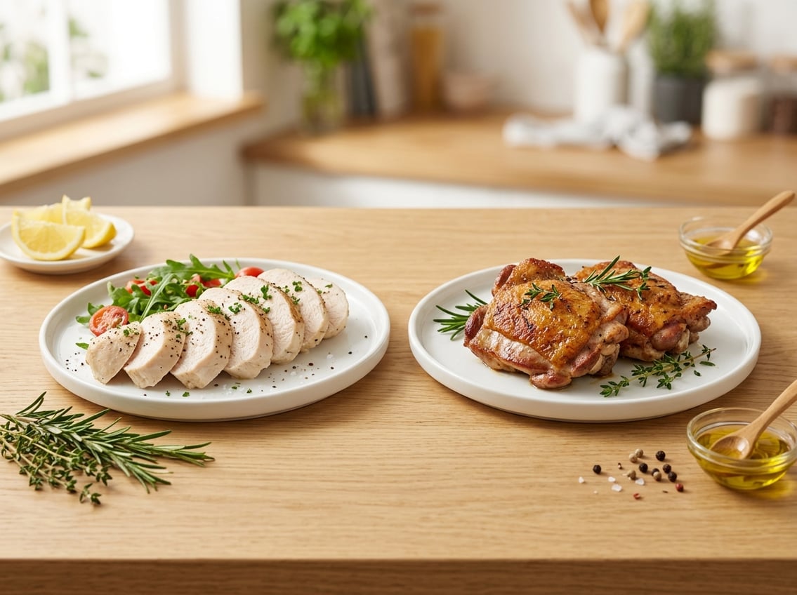 Two plates on a kitchen countertop, one with sliced chicken breast and the other with cooked chicken thighs, surrounded by fresh herbs and lemon wedges.