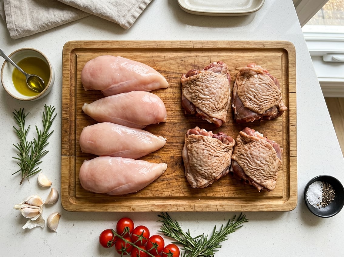 Top-down view of raw chicken breasts and chicken thighs on a wooden cutting board surrounded by fresh herbs and cooking ingredients.