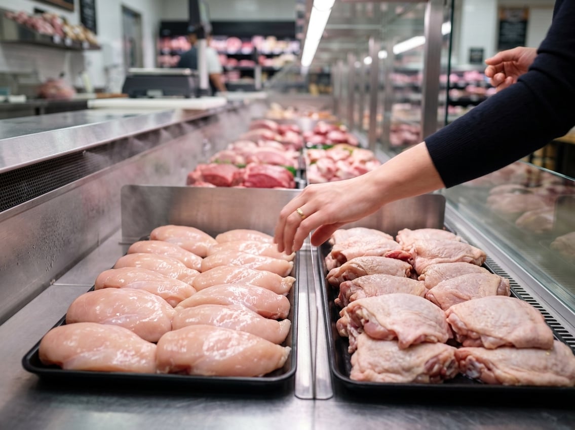 Fresh raw chicken breasts and chicken thighs displayed side by side in a grocery store meat section with a shopper's hand reaching toward the chicken breasts.
