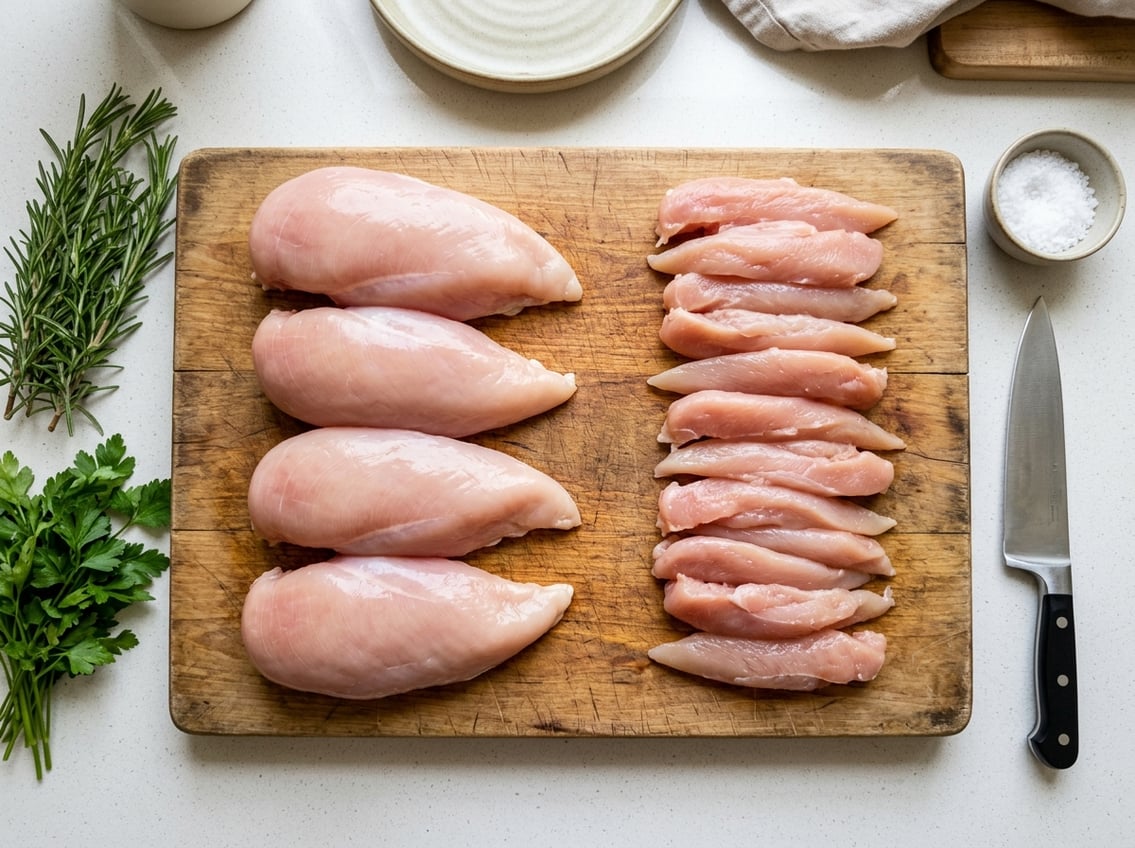 Top-down view of raw chicken breasts and chicken tenders arranged on a wooden cutting board with fresh herbs and a chef's knife nearby.