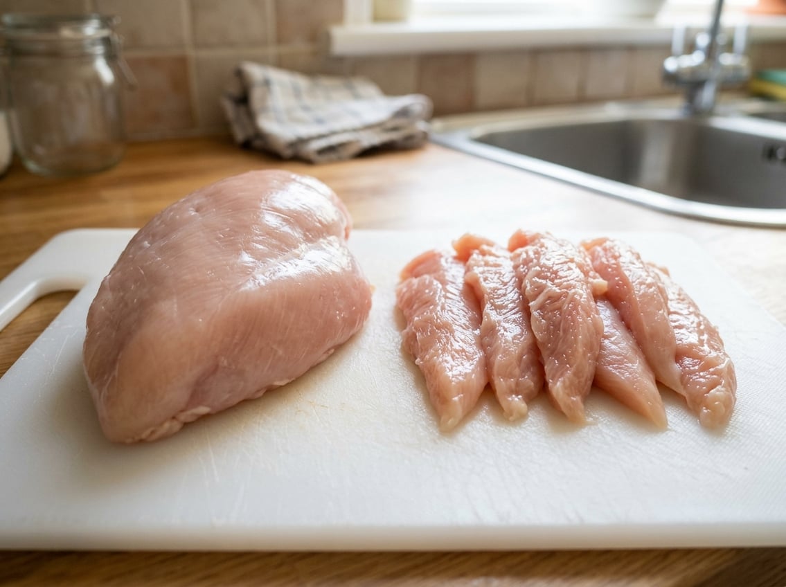 Close-up view of raw chicken breast and chicken tenders placed side by side on a white cutting board.