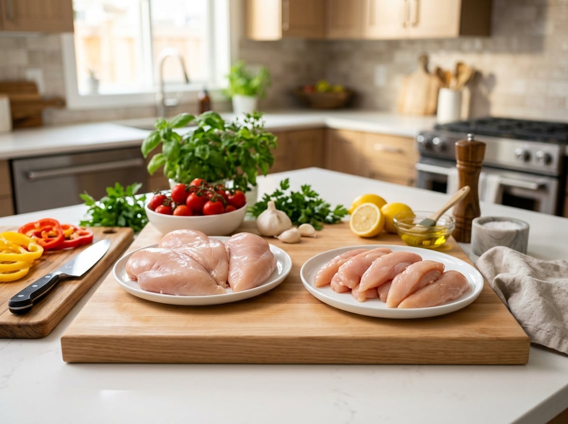 A kitchen countertop with raw chicken breast and chicken tenders on separate plates surrounded by fresh vegetables and cooking utensils.