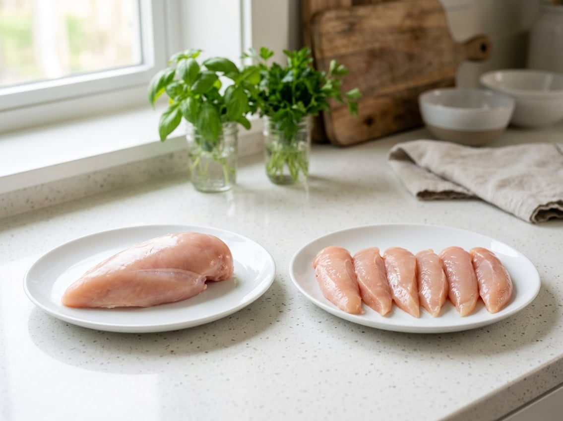 Two plates on a kitchen counter showing a whole chicken breast on one and several chicken breast tenders on the other.
