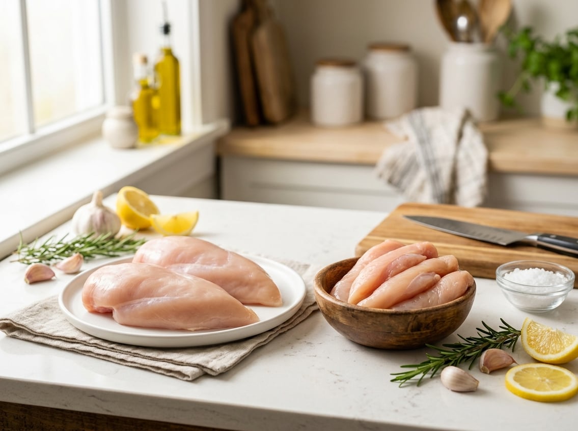 A kitchen countertop with raw whole chicken breasts on a plate and chicken breast tenders in a wooden bowl, surrounded by fresh herbs, lemon slices, garlic, and salt.