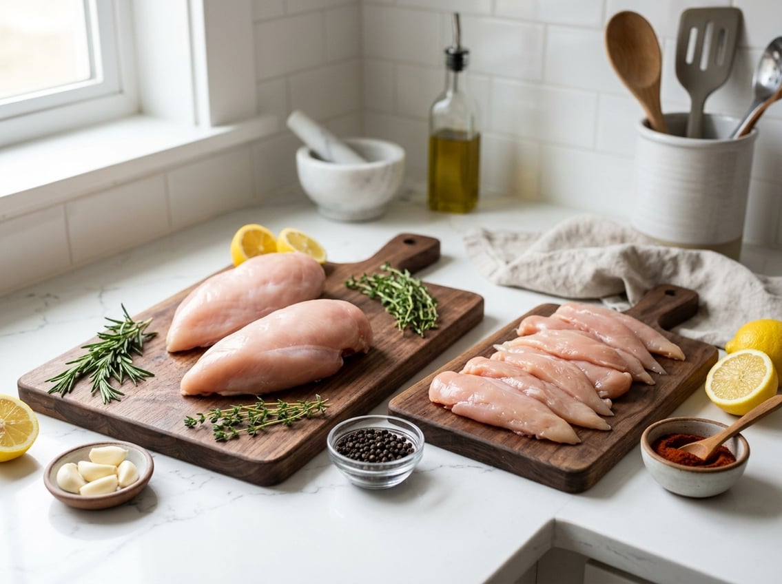 Raw chicken breast and chicken breast tenders displayed separately on wooden cutting boards with fresh herbs and spices on a kitchen countertop.