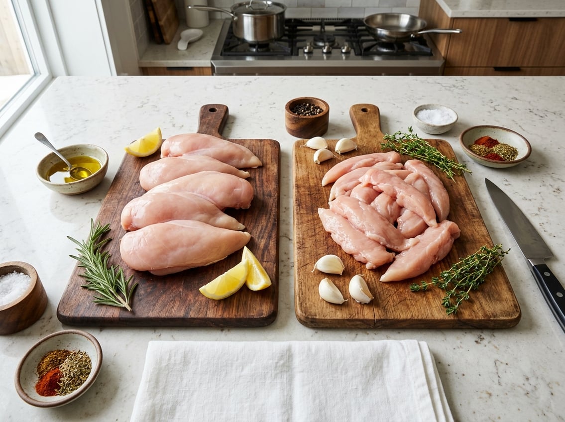 Top-down view of two wooden cutting boards with raw chicken breasts on one and chicken breast tenders on the other, surrounded by herbs, spices, and kitchen utensils.