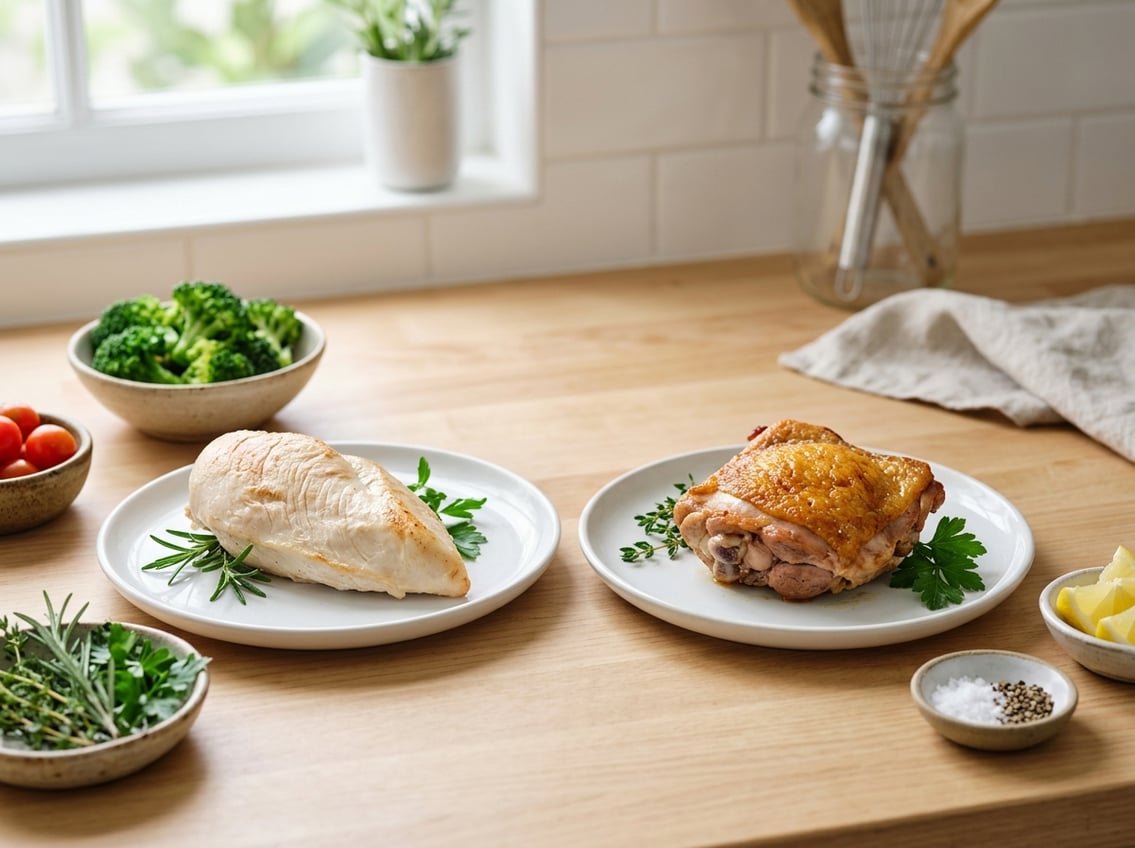 Two plates on a kitchen countertop, one with a cooked chicken breast and the other with a cooked chicken thigh, surrounded by fresh vegetables.