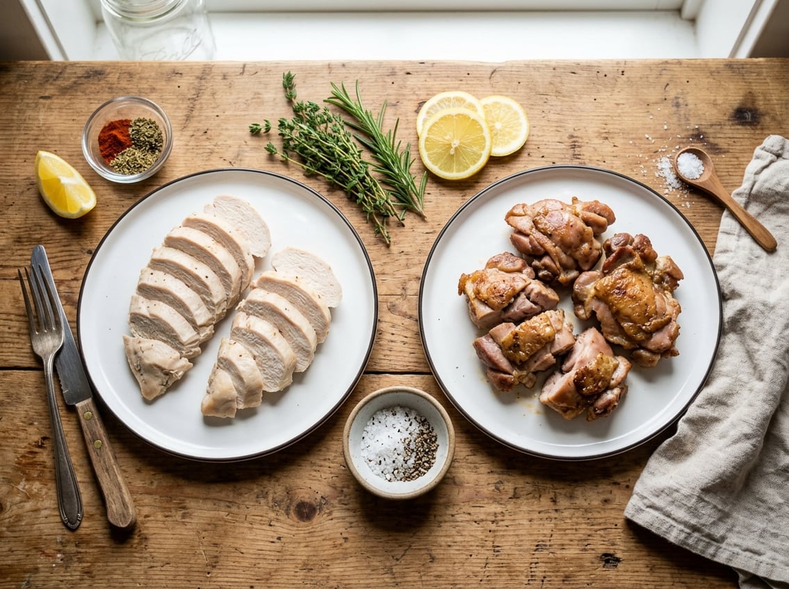 Two plates on a wooden table, one with cooked chicken breast and the other with cooked chicken thigh, surrounded by fresh herbs and lemon slices.