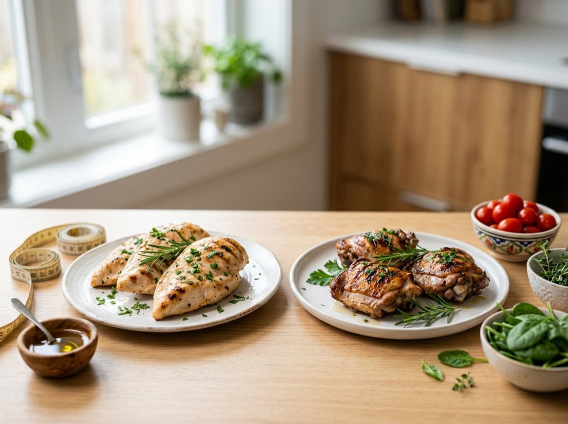 Two plates on a kitchen countertop, one with grilled chicken breasts and the other with grilled chicken thighs, surrounded by fresh herbs and vegetables.