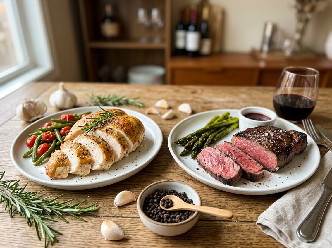 Close-up of a cooked chicken breast and beef steak on separate plates with fresh herbs on a wooden table.