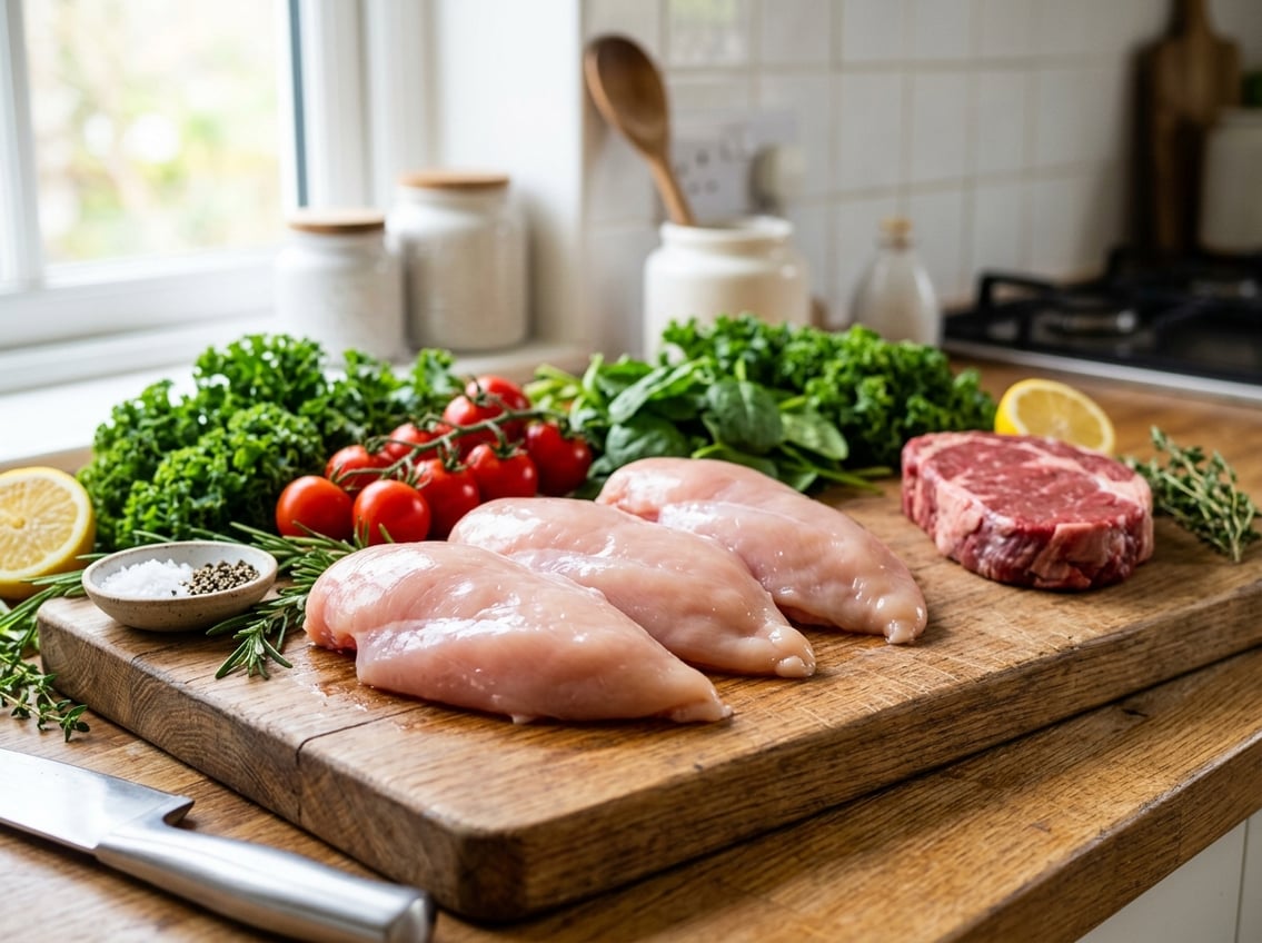Raw chicken breasts and a smaller portion of raw beef steak on a wooden cutting board with fresh vegetables in a kitchen setting.