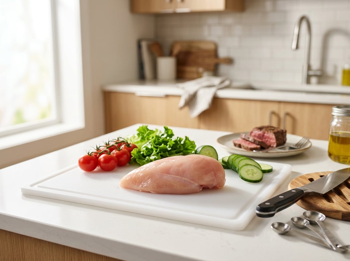 Fresh raw chicken breast on a cutting board with fresh vegetables and a small portion of cooked beef in the background in a bright kitchen.