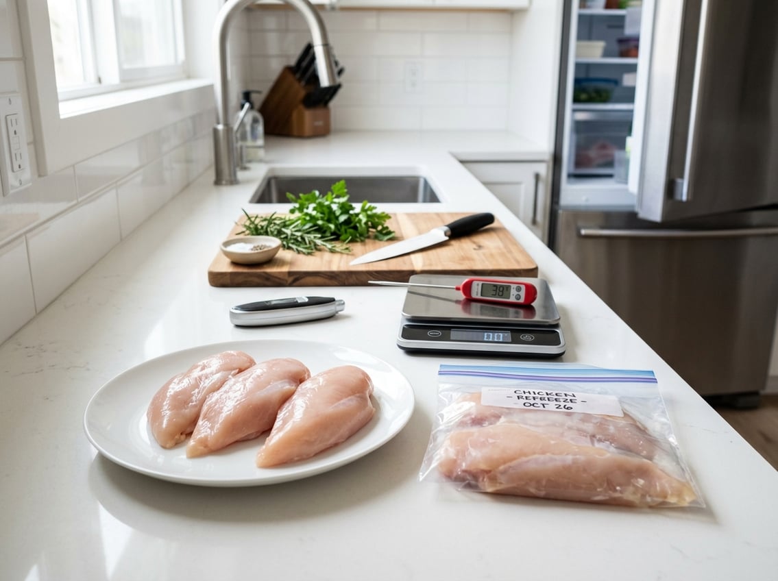 Raw chicken breasts on a plate next to a sealed freezer bag with chicken, a kitchen scale, thermometer, and fresh herbs on a kitchen countertop.