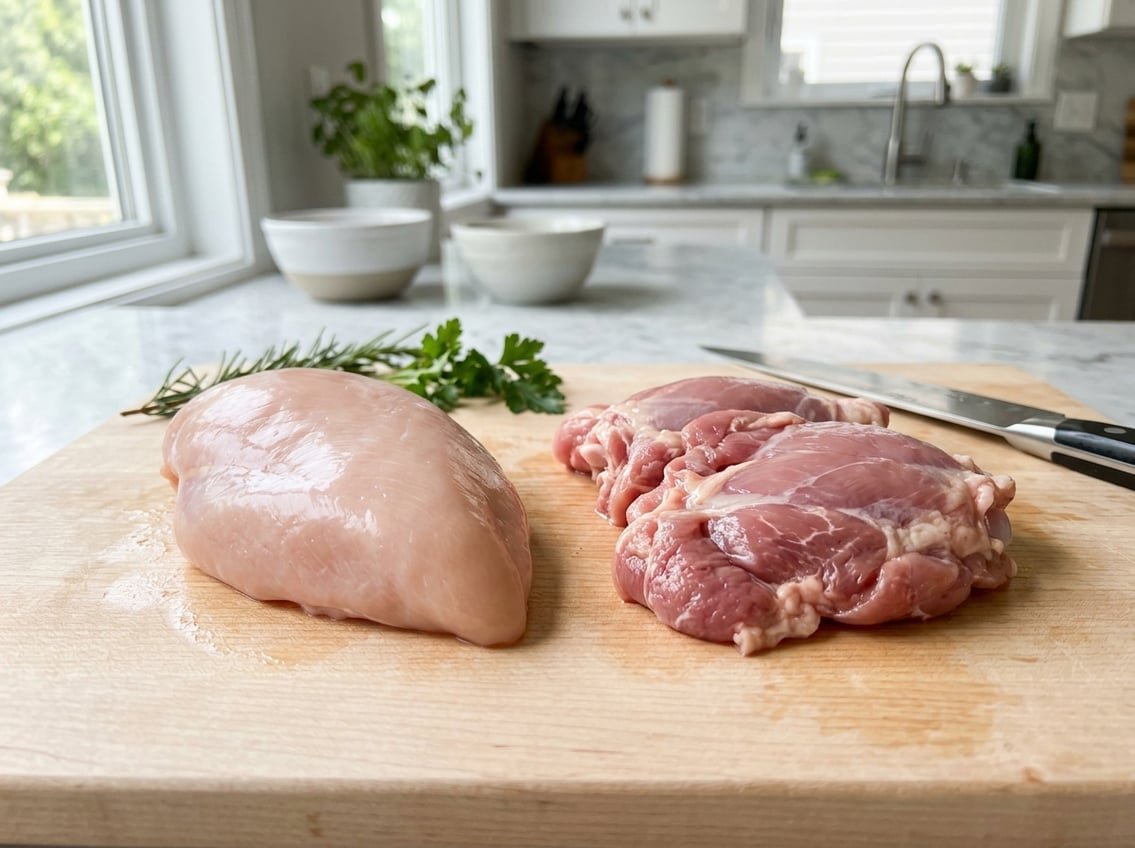 Close-up of raw chicken breast and chicken thigh pieces side by side on a cutting board in a kitchen.