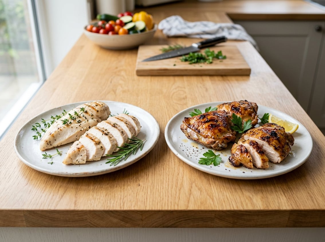 Two plates on a kitchen countertop, one with grilled chicken breasts and the other with grilled chicken thighs, surrounded by fresh herbs.
