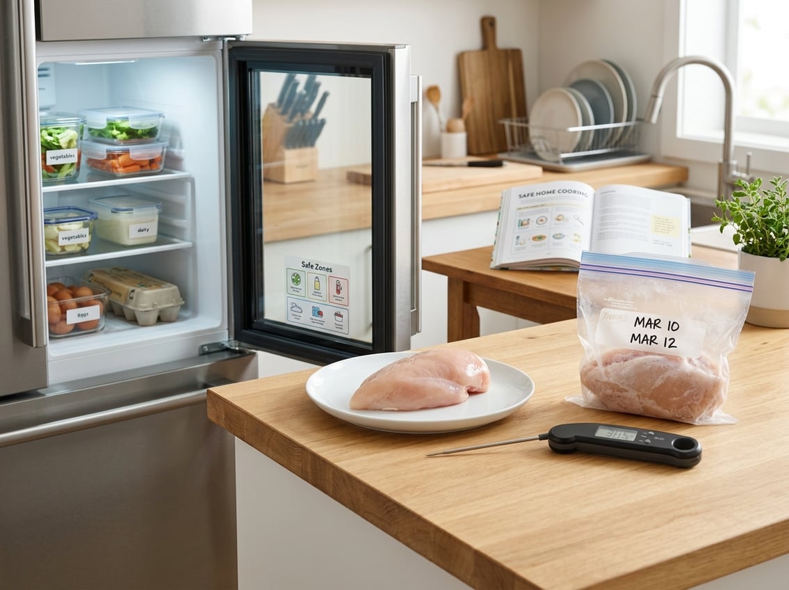 A kitchen countertop with a raw chicken breast on a white plate, a digital thermometer, a sealed freezer bag, and an open refrigerator showing organized food storage.