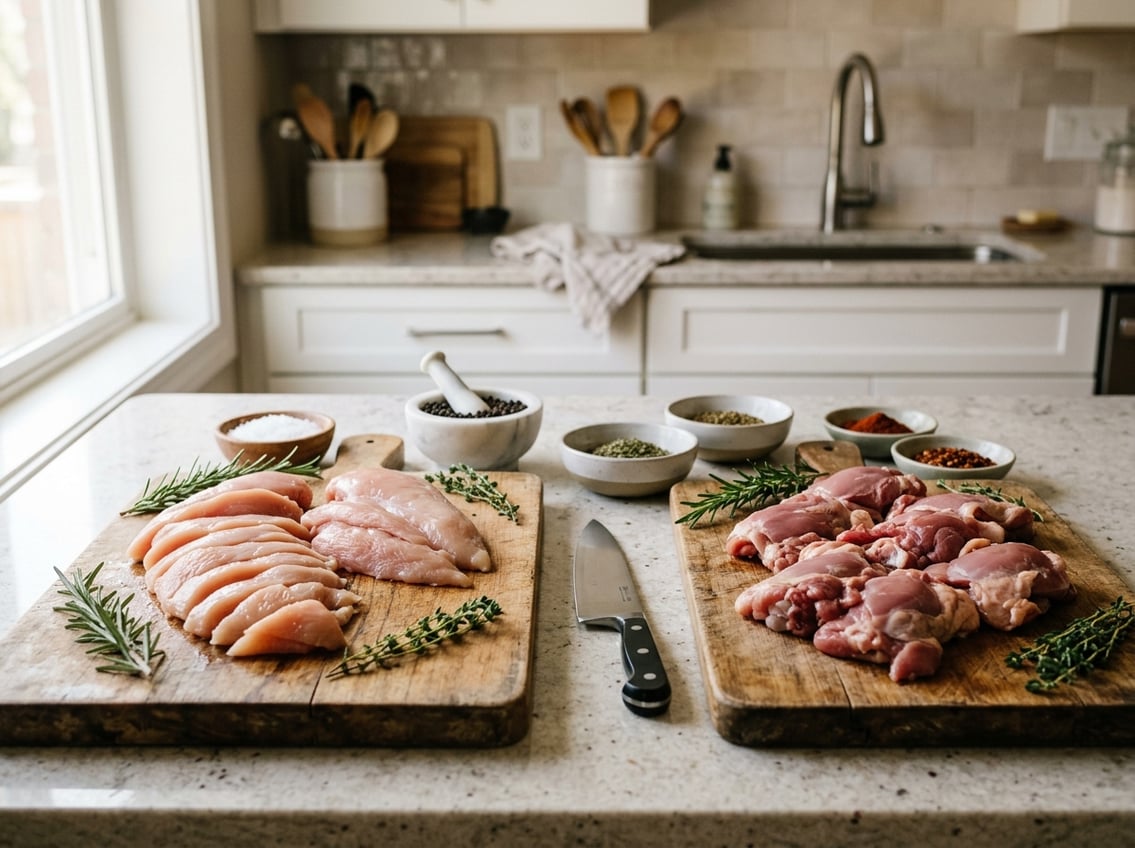 A kitchen countertop with raw chicken breast on one cutting board and raw chicken thigh on another, surrounded by herbs, spices, and a knife.